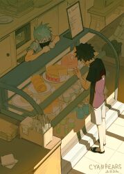Rule 34 | 2boys, absurdres, aged down, bakery, black eyes, black hair, black mask, black shirt, bottle, cake, counter, cyanpears, drinking straw, food, full body, hand on glass, hatake kakashi, highres, indoors, looking at another, male focus, menu board, multiple boys, napkin, naruto, naruto (series), pastry, plate, sandals, shirt, shop, short hair, shorts, spiked hair, sunlight, uchiha obito, white hair, white shorts