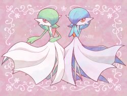 Rule 34 | 2girls, alternate color, artist name, averting eyes, blue hair, blue skin, blush, border, closed mouth, colored skin, creatures (company), female focus, flat chest, full body, game freak, gardevoir, gen 3 pokemon, green hair, green skin, hair over one eye, hands up, happy, highres, kibikona, light blush, looking at viewer, looking to the side, multicolored skin, multiple girls, nintendo, one eye covered, outside border, own hands together, pink background, pokedex number, pokemon, pokemon (creature), shiny and normal, shiny pokemon, short hair, signature, smile, sparkle, standing, steepled fingers, symmetry, two-tone skin, white border, white skin