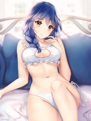 Rule 34 | 10s, 1girl, artist name, bed, black hair, blush, braid, breasts, cat lingerie, cleavage cutout, clothing cutout, frills, gigamessy, half-closed eyes, looking at viewer, medium breasts, meme attire, navel, on bed, panties, parted lips, pillow, shokugeki no souma, side-tie panties, sitting, stomach, tadokoro megumi, twin braids, underwear, underwear only, window, yellow eyes