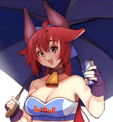 Rule 34 | 1girl, animal ears, bandolier, bare shoulders, bell, black horns, blue eyes, blue nails, blue ribbon, breasts, can, choker, cleavage, collarbone, cow girl, cow horns, drink can, energy drink, fingerless gloves, fingernails, gloves, hair ribbon, holding, holding can, holding umbrella, horns, kumaartsu, long hair, medium breasts, nail polish, neck bell, original, parasol, product placement, purple gloves, race queen, red bull, red hair, ribbon, smile, soda can, solo, strapless, teeth, umbrella, upper body, upper teeth only, white background