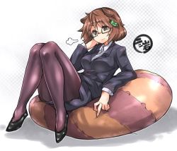 Rule 34 | 1girl, puff of air, alternate costume, animal ears, arm support, bespectacled, black-framed eyewear, black footwear, black jacket, black pantyhose, black skirt, breasts, brown eyes, brown hair, business suit, checkered background, collared shirt, commentary request, eyebrows, formal, full body, futatsuiwa mamizou, glasses, hand on own cheek, hand on own face, jacket, knees together feet apart, knees up, leaf, leaf on head, light smile, long sleeves, lying, matching hair/eyes, medium breasts, mib mamizou, miniskirt, necktie, ototobe, pantyhose, pencil skirt, pillow, raccoon ears, semi-rimless eyewear, shirt, shoes, short hair, simple background, sketch, skirt, skirt suit, solo, suit, touhou, under-rim eyewear, white background