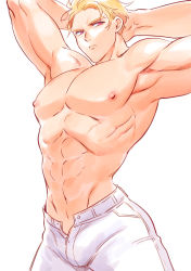 Rule 34 | 1boy, abs, arms up, bae (baebae), blonde hair, highres, kray foresight, large pectorals, male focus, muscular, muscular male, nipples, pants, pectorals, promare, red eyes, solo, topless male, white pants