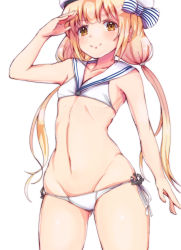 Rule 34 | 10s, 1girl, anchor, bikini, blonde hair, brown eyes, cosplay, flat chest, futaba anzu, hat, highres, idolmaster, idolmaster cinderella girls, kantai collection, long hair, low twintails, navel, ryuu., sailor bikini, sailor collar, sailor hat, salute, simple background, smile, solo, swimsuit, twintails, white bikini, white hat, z3 max schultz (kancolle), z3 max schultz (kancolle) (cosplay)