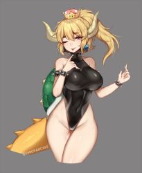 Rule 34 | 1girl, ;p, armlet, artist name, bad id, bad twitter id, bare shoulders, black leotard, blonde hair, blue eyes, bowsette, bracelet, breasts, collar, commentary, commission, covered navel, cropped legs, crown, earrings, english commentary, eyes visible through hair, gluteal fold, grey background, hair between eyes, half-closed eye, horns, jewelry, leotard, long hair, looking at viewer, mario (series), medium breasts, new super mario bros. u deluxe, nintendo, one eye closed, ponytail, simple background, smile, solo, spiked armlet, spiked bracelet, spiked collar, spiked shell, spiked tail, spikes, super crown, tail, terupancake, thigh gap, thighs, tongue, tongue out, turtle shell, twitter username