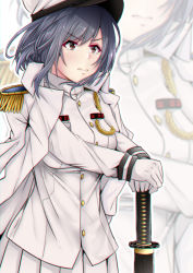 Rule 34 | 1girl, admiral (kancolle), admiral (kancolle) (cosplay), aga marino, bad id, bad pixiv id, black hair, commentary request, cosplay, epaulettes, gloves, hand on sword, hat, jacket, jacket on shoulders, kantai collection, katana, military, military hat, military uniform, pleated skirt, red eyes, scabbard, sheath, short hair, skirt, solo, sword, tassel, uniform, weapon, white gloves, white jacket, white skirt, yamashiro (kancolle), zoom layer