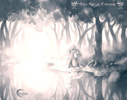 Rule 34 | 1girl, animification, artist name, barefoot, dual persona, english text, forest, greyscale, lady amalthea, long hair, monochrome, nature, nude, penpon, personification, reflection, signature, sitting, solo, sunlight, text focus, the last unicorn, the unicorn (the last unicorn), tree, unicorn, water