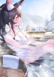 Rule 34 | 1girl, absurdres, animal ear fluff, animal ears, between legs, black hair, blush, breasts, brown eyes, bucket, closed mouth, commentary request, from side, hand between legs, highres, hololive, long hair, medium breasts, multicolored hair, naked towel, nemoto yuuma, onsen, ookami mio, outdoors, ponytail, profile, red hair, sitting, snow, snowing, solo, streaked hair, towel, virtual youtuber, wolf ears