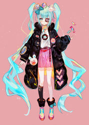 Rule 34 | 1girl, black jacket, black socks, blue bow, blue eyes, blue hair, boots, bow, candy, candy wrapper, closed mouth, commentary request, eyepatch, hair bow, hair ornament, hatsune miku, heart, highres, jacket, juexing (moemoe3345), kneehighs, long hair, long sleeves, open clothes, open jacket, pink background, pink footwear, pink skirt, pleated skirt, puffy long sleeves, puffy sleeves, rabbit hair ornament, shirt, simple background, skirt, sleeves past wrists, smile, socks, solo, twintails, very long hair, vocaloid, white shirt, wrapped candy