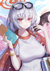 Rule 34 | 1girl, absurdres, ahoge, black-framed eyewear, blue archive, braid, breasts, cafeiner, cherry blossoms, demon girl, demon wings, eyewear on head, grey hair, halo, haruna (blue archive), haruna (track) (blue archive), highres, jacket, large breasts, long hair, looking at viewer, official alternate costume, red eyes, red halo, red jacket, shirt, single braid, smile, solo, sunglasses, white shirt, wings