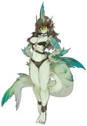 Rule 34 | 1girl, breasts, claws, colored skin, fins, furry, furry female, green skin, helmet, highres, jewelry, necklace, original, red eyes, shark girl, skull, slugbox, solo, tail