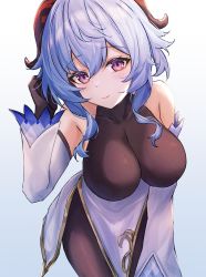 Rule 34 | 1girl, atychi, black pantyhose, blue background, blue hair, blush, bodystocking, breasts, cleavage, detached sleeves, ganyu (genshin impact), genshin impact, goat horns, gradient background, hair between eyes, hand on own head, highres, horns, large breasts, leaning forward, long hair, looking at viewer, pantyhose, purple eyes, red horns, simple background, smile, solo, wide hips