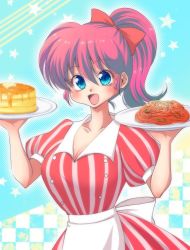 Rule 34 | 1girl, apron, blue eyes, bow, breasts, cleavage, dress, food, open mouth, pancake, pasta, pink hair, plate, ponytail, ranma-chan, ranma 1/2, saotome ranma, solo, spaghetti, star (symbol), striped clothes, striped dress, uehara doh