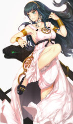 Rule 34 | 1girl, armlet, black footwear, black hair, blue eyes, blush, bracelet, cleopatra (fate), cleopatra (third ascension) (fate), collar, dress, earrings, facial tattoo, fate/grand order, fate (series), hairband, highres, hoop earrings, jewelry, l!bra, leg up, light blush, long dress, long hair, necklace, panties, ring, snake, solo, tattoo, underwear, white background, white dress