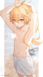 Rule 34 | 1boy, aether (genshin impact), blonde hair, censored, censored nipples, closed mouth, genshin impact, hair between eyes, highres, long hair, male focus, navel, ponytail, sg (under siiiiii), solo, stomach, topless male, towel around waist, yellow eyes