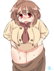 Rule 34 | 1girl, ascot, bad id, bad pixiv id, blush, breasts, brown hair, chef, clothes pull, eno konoe, large breasts, mikomu, open mouth, original, plump, red eyes, simple background, skirt, skirt pull, solo, standing, sweat