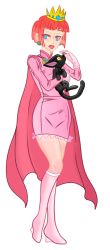 Rule 34 | 1girl, animal, black cat, blue eyes, bob cut, boots, cape, cat, closed mouth, colorized, crown, dress, earrings, full body, gloves, high heel boots, high heels, highres, holding, holding animal, holding cat, jewelry, lips, long sleeves, looking at viewer, mario (series), nevarkun, nintendo, pink cape, pink dress, pink footwear, princess shokora, red hair, short hair, simple background, solo, source request, spoilers, standing, wario land, wario land 4, white background, white gloves