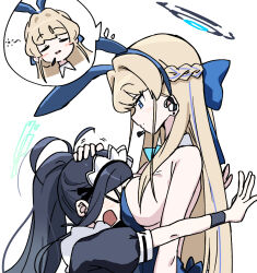 Rule 34 | &gt; &lt;, 2girls, animal ears, aris (blue archive), aris (maid) (blue archive), blue archive, blue bow, bow, braid, breasts, closed eyes, earpiece, fake animal ears, french braid, halo, headpat, large breasts, leotard, looking down, maid, maid headdress, medium breasts, mei mu, multiple girls, official alternate costume, official alternate hairstyle, outstretched arms, playboy bunny, rabbit ears, sideboob, simple background, toki (blue archive), toki (bunny) (blue archive), white background