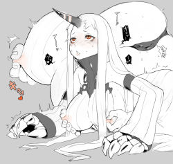 Rule 34 | 10s, 1girl, abyssal ship, bare shoulders, blush, bnnbnn, breasts, claws, covered erect nipples, detached sleeves, dress, grabbing, grabbing from behind, horns, kantai collection, large breasts, long hair, monochrome, nabana (bnnbnn), nipple stimulation, nipple tweak, nipples, pale skin, panties, pussy juice stain, red eyes, ribbed dress, ribbed sweater, saliva, seaport princess, short dress, sideboob, single horn, solo, sweat, sweater, sweater dress, tears, trembling, underwear, wet, wet clothes, wet panties, white hair