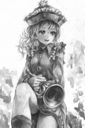 Rule 34 | 1girl, :d, artist name, bad id, bad pixiv id, boots, dress, facing viewer, frilled dress, frills, greyscale, hat, hat ornament, highres, holding, instrument, leg up, looking away, md5 mismatch, merlin prismriver, monochrome, nagayo, open mouth, revision, signature, sitting, smile, solo, touhou, trumpet, upper body, vest, wavy hair
