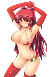Rule 34 | 1girl, arms up, bell, bikini, bra, breasts, brown eyes, christmas, cleavage, elbow gloves, gloves, halterneck, holly, kousaka tamaki, large breasts, lingerie, long hair, mouth hold, narrow waist, red gloves, red hair, red thighhighs, ribbon-trimmed legwear, ribbon-trimmed sleeves, ribbon trim, skindentation, solo, sweat, swimsuit, thighhighs, to heart (series), to heart 2, underwear, zekkyon