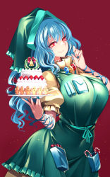 Rule 34 | 1girl, absurdres, apron, bell, blue hair, blue nails, breasts, cake, christmas, closed mouth, dress, fingernails, food, fruit, green apron, green headwear, hair between eyes, haniyasushin keiki, head scarf, highres, holding, holding food, large breasts, long hair, long sleeves, magatama, magatama necklace, nail polish, necklace, puffy short sleeves, puffy sleeves, raptor7, red background, red eyes, short sleeves, simple background, smile, solo, strawberry, touhou, yellow dress