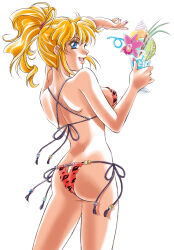 Rule 34 | 1girl, ass, bikini, blonde hair, blue eyes, breasts, crazy straw, drink, drinking straw, excellen browning, highres, large breasts, long hair, medium breasts, solo, super robot wars, super robot wars original generation, swimsuit