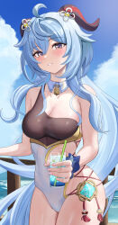 Rule 34 | 1girl, absurdres, adapted costume, ahoge, bare arms, bare shoulders, blue hair, blue sky, breasts, cleavage, cloud, commentary request, cowboy shot, cup, day, drinking glass, ganyu (genshin impact), genshin impact, grin, highres, holding, holding cup, horns, ituka kanau, long hair, looking at viewer, medium breasts, ocean, one-piece swimsuit, parted lips, purple eyes, single-shoulder one-piece swimsuit, single strap, sky, smile, solo, standing, swimsuit, thighs, very long hair, water