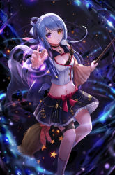 Rule 34 | 1girl, animal, animal on shoulder, argyle, bad id, bad pixiv id, bare shoulders, black neckwear, black skirt, blue hair, borrowed character, bow, breasts, broom, cleavage, closed mouth, collarbone, commentary request, detached sleeves, floral print, frilled skirt, frills, hair rings, heterochromia, highres, holding, holding broom, jewelry, kneehighs, kokoro (pisuke), long hair, looking at viewer, lunacle, magic, medium breasts, medium skirt, midriff, mouse (animal), navel, original, outstretched arm, pendant, print skirt, purple eyes, reaching, reaching towards viewer, red bow, red ribbon, ribbon, sidelocks, skirt, smile, socks, solo, star (symbol), star print, thigh strap, tornado, white socks, wide sleeves, witch, yellow eyes