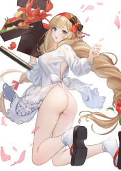 Rule 34 | 1girl, anouetto, apron, ass, athena (granblue fantasy), bento, blonde hair, bottomless, braid, breasts, cherry blossoms, flower, food, full body, geta, granblue fantasy, hair flower, hair ornament, hair ribbon, hairband, highres, kappougi, lobster, long hair, looking at viewer, looking back, medium breasts, naked apron, open mouth, purple eyes, ribbon, sandals, socks, solo, twin braids, very long hair, white background, zouri