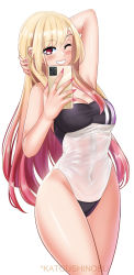 Rule 34 | 1girl, arms up, bikini, blinking, blonde hair, blush, bracelet, breasts, cellphone, choker, colored tips, double vertical stripe, ear piercing, earrings, fake nails, gris swimsuit, gyaru, highleg, highleg swimsuit, highres, holding, holding phone, jewelry, katou shinobu, kitagawa marin, kogal, large breasts, long hair, medium breasts, meme attire, multicolored hair, navel, off-shoulder one-piece swimsuit, off shoulder, one-piece swimsuit, phone, piercing, red eyes, ribs, see-through, see-through swimsuit, smartphone, smile, sono bisque doll wa koi wo suru, strapless, swimsuit, thighs