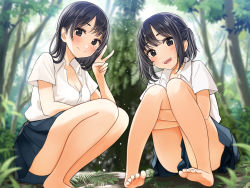 Rule 34 | 2girls, :d, bare legs, barefoot, black eyes, black hair, black skirt, blurry, blurry background, breasts, cleavage, closed mouth, collared shirt, commentary request, day, depth of field, dress shirt, forest, hand up, hugging own legs, kentaurosu, long hair, medium breasts, multiple girls, nature, open mouth, original, outdoors, pleated skirt, school uniform, shirt, short sleeves, skirt, smile, teeth, upper teeth only, v, white shirt