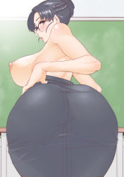 Rule 34 | 1girl, armpits, ass, black hair, blue eyes, blush, breasts, chalkboard, classroom, embarrassed, feet out of frame, female focus, from behind, glasses, hair bun, high-waist skirt, highres, indoors, large breasts, leaning forward, legs, minamida usuke, nipples, no bra, open mouth, original, sideboob, skirt, solo, standing, sweat, thighs, topless, yasuto-kun no mama to kakurenbo ecchi