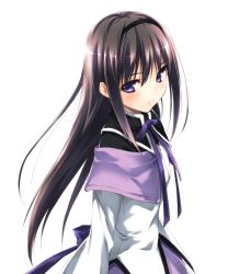 Rule 34 | 10s, 1girl, akemi homura, akemi homura (magical girl), black hair, black hairband, blush, bow, capelet, eyes visible through hair, face, from side, hairband, highres, kikurage (plastic people), long hair, long sleeves, looking at viewer, looking to the side, magical girl, mahou shoujo madoka magica, mahou shoujo madoka magica (anime), neck ribbon, purple bow, purple eyes, purple ribbon, revision, ribbon, school uniform, simple background, solo, staring, white background