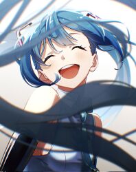 Rule 34 | 1girl, black sleeves, blue eyes, blue hair, blue necktie, blurry, blurry foreground, blush, breasts, closed eyes, detached sleeves, gradient background, grey shirt, hair ornament, hatsune miku, highres, long hair, manamisan, necktie, open mouth, shirt, sleeveless, sleeveless shirt, small breasts, smile, solo, twintails, very long hair, vocaloid