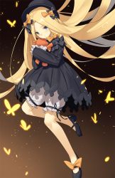 Rule 34 | 1girl, abigail williams (fate), black bow, black dress, black footwear, black hat, blonde hair, bloomers, blue eyes, blush, bow, brown background, bug, butterfly, dress, fate/grand order, fate (series), forehead, gradient background, hair bow, hat, highres, holding, holding stuffed toy, insect, kildir, legs, long hair, long sleeves, looking at viewer, mary janes, orange bow, parted bangs, ribbed dress, shoes, sleeves past fingers, sleeves past wrists, solo, stuffed animal, stuffed toy, teddy bear, underwear, very long hair, white bloomers