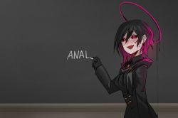 Rule 34 | 1girl, :d, black gloves, black hair, black sclera, blush, chalk, chalkboard, colored sclera, earrings, english text, gloves, gradient hair, hair between eyes, halo, highres, jewelry, less, looking at viewer, melting halo, multicolored hair, open mouth, original, pink hair, purple eyes, short hair, smile, solo, writing