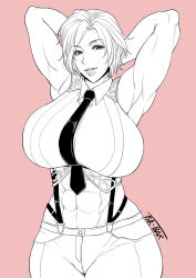 Rule 34 | 1girl, abs, armpits, arms behind head, arms up, biceps, breasts, collarbone, huge breasts, looking at viewer, monochrome, muscular, muscular female, navel, necktie, obliques, sleeveless, smile, snk, solo, stomach, suspenders, the king of fighters, thick thighs, thighs, toguchi masaya, toned, vanessa (kof)
