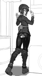 Rule 34 | 1girl, against wall, androgynous, ankle boots, ass, belt, belt pouch, boots, clothes pull, condom, condom in mouth, condom wrapper, from behind, full body, greyscale, high contrast, highres, holding, holding condom, holster, hutamaru, jacket, kino (kino no tabi), kino no tabi, long legs, looking at viewer, looking back, monochrome, mouth hold, no panties, pants, pants pull, pantyhose, pouch, presenting, short hair, shoulder holster, solo, standing, torn clothes, torn pantyhose, turning head