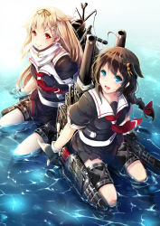 Rule 34 | 10s, 2girls, absurdres, ahoge, bad id, bad pixiv id, blonde hair, blue eyes, braid, gloves, hair ornament, hair ribbon, hairclip, highres, kantai collection, long hair, looking at viewer, multiple girls, partially submerged, personification, red eyes, ribbon, school uniform, serafuku, shigure (kancolle), toor 0111, yuudachi (kancolle)