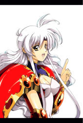 Rule 34 | 1girl, :d, armor, breasts, claret (langrisser), cleavage, covered erect nipples, covered navel, floating hair, hikaru (mikan0407), index finger raised, langrisser, langrisser v, large breasts, long hair, open mouth, shoulder armor, silver hair, simple background, smile, solo, upper body, urushihara satoshi (style), white background, yellow eyes