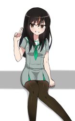 Rule 34 | 1girl, black hair, black pantyhose, blush, breasts, brown eyes, brown hair, dress, feet out of frame, green neckwear, grey dress, grin, hair between eyes, hand up, highres, long hair, multicolored hair, nanju bami, original, pantyhose, pleated dress, sailor collar, sailor dress, short sleeves, sitting, small breasts, smile, solo, streaked hair, w, white background, white sailor collar