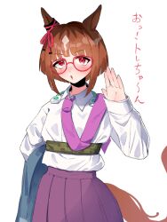 Rule 34 | 1girl, animal ears, brown hair, ear ornament, glasses, hand up, headphones, headphones around neck, highres, holding, holding clothes, horse ears, horse girl, horse tail, long sleeves, looking at viewer, necktie, open mouth, pink necktie, purple skirt, red eyes, shirt, shirt tucked in, short hair, simple background, skirt, sleeves past wrists, solo, tail, transcend (umamusume), translation request, umamusume, upper body, waving, white background, white shirt, x ponzu x