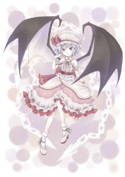 Rule 34 | 104, 1girl, adapted costume, bad id, bad pixiv id, bare shoulders, bat wings, blue hair, bobby socks, bow, bracelet, embellished costume, female focus, frills, hat, hat bow, highres, jewelry, large wings, pointy ears, remilia scarlet, short hair, slit pupils, smile, socks, solo, touhou, tsurime, wings, wrist cuffs