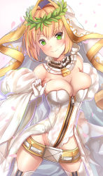 Rule 34 | 10s, 1girl, ahoge, bare shoulders, belt, belt skirt, blonde hair, blurry, blush, bodysuit, bow, breasts, bridal veil, bursting breasts, chain, cherry blossoms, choker, cleavage, clenched hand, closed mouth, colored eyelashes, commentary request, contrapposto, cowboy shot, depth of field, detached collar, detached sleeves, dress, eyebrows, fate/extra, fate/extra ccc, fate (series), full-length zipper, gloves, green eyes, groin, hair intakes, head tilt, head wreath, highleg, highleg leotard, highres, laurel crown, leaning to the side, legs apart, leotard, light smile, lock, looking at viewer, medium breasts, nero claudius (bride) (fate), nero claudius (bride) (third ascension) (fate), nero claudius (fate), nero claudius (fate) (all), padlock, petals, playboy bunny, puffy detached sleeves, puffy sleeves, ribbon trim, short hair, showgirl skirt, skin tight, skindentation, smile, solo, sparkle, standing, strapless, strapless leotard, thighhighs, tight clothes, turtleneck, untue, veil, wedding dress, white background, white bow, white gloves, white leotard, white thighhighs, wide sleeves, wreath, zipper, zipper pull tab