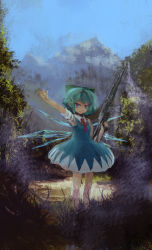 Rule 34 | 1girl, bad id, bad pixiv id, cirno, female focus, forest, gun, highres, lm7 (op-center), mountain, nature, outdoors, rifle, solo, thumbs up, touhou, weapon
