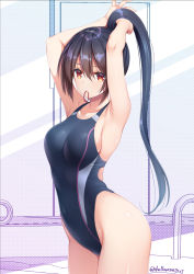 Rule 34 | 1girl, armpits, arms up, asami asami, bare arms, black hair, black one-piece swimsuit, blush, breasts, collarbone, commentary request, competition swimsuit, cowboy shot, from side, hair between eyes, hair tie, high ponytail, highleg, highleg swimsuit, highres, long hair, looking at viewer, medium breasts, mouth hold, one-piece swimsuit, original, polka dot, polka dot background, pool ladder, poolside, red eyes, sideboob, sidelocks, skindentation, solo, swimsuit, twitter username, tying hair, very long hair