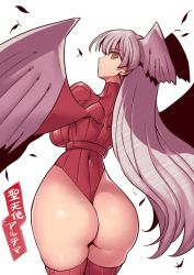 Rule 34 | 1girl, ass, breasts, final fantasy, final fantasy tactics, head wings, highleg, highleg leotard, highres, large breasts, leotard, long hair, looking at viewer, red leotard, red thighhighs, silver hair, simple background, solo, thighhighs, tukiwani, ultima (fft), white background, wings