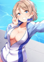 Rule 34 | 1girl, blue eyes, blush, breasts, brown hair, cleavage, cowboy shot, from above, grin, hair between eyes, head tilt, highres, jacket, kanabun, large breasts, long sleeves, looking at viewer, love live!, love live! sunshine!!, medium breasts, naked jacket, outstretched arm, pool, poolside, reaching, reaching towards viewer, selfie, short hair, smile, solo, tile floor, tiles, w, watanabe you, water, wet