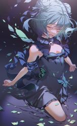 Rule 34 | 1girl, blue dress, blue hair, blue ribbon, brooch, commentary, detached collar, double bun, dress, flat chest, hair bun, hair ribbon, highres, hololive, hxxg, jewelry, looking at viewer, lower teeth only, open mouth, red eyes, ribbon, short hair, solo, teeth, uruha rushia, uruha rushia (1st costume), virtual youtuber