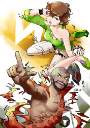 Rule 34 | 1boy, 1girl, :d, abs, absurdres, akanboh, beard, brown hair, commentary request, creatures (company), dark-skinned male, dark skin, expedition uniform, eyelashes, eyeshadow, facial hair, game freak, gloves, green eyes, green footwear, green shirt, high heels, highres, holding, holding poke ball, honey (pokemon), jacket, makeup, mustache, nintendo, one eye closed, open mouth, orange jacket, pants, pectorals, peony (pokemon), pointing, poke ball, pokemon, pokemon swsh, shirt, shoes, short hair, smile, sweatdrop, teeth, toned, tongue, torn clothes, torn jacket, torn pants, torn shirt, ultra ball, wristband